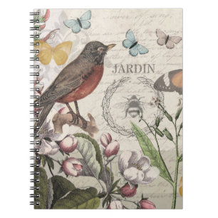 Cuaderno Robin Elegant Bird Butterfly Arte Francés