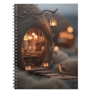 Cuaderno Robin y casa de hada brillante en un bosque mágico