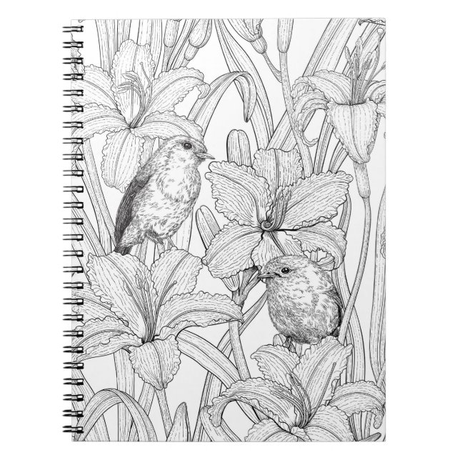 Cuaderno Robins y flores de lilo, negro y blanco (Frente)