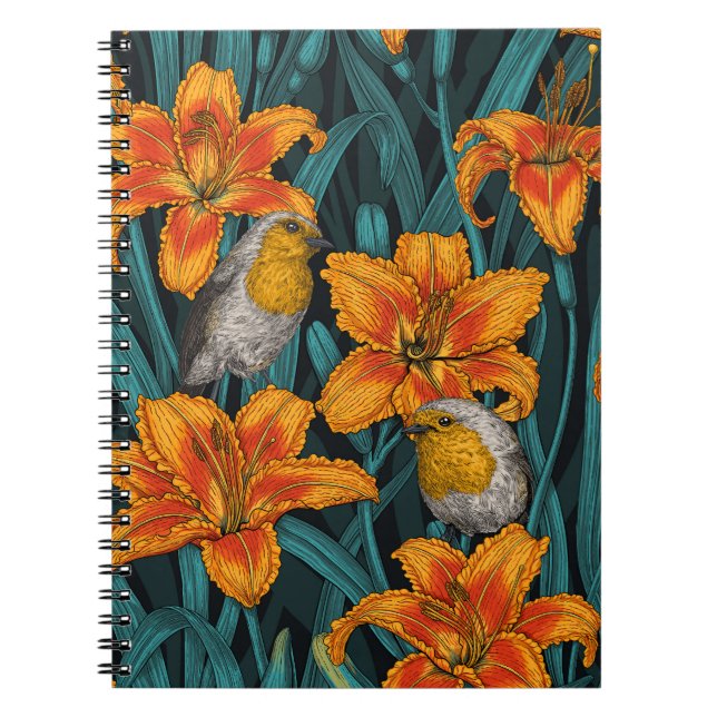Cuaderno Robins y flores de lirio, naranja y azul (Frente)