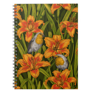 Cuaderno Robins y flores de lirio, naranja y verde oscuro