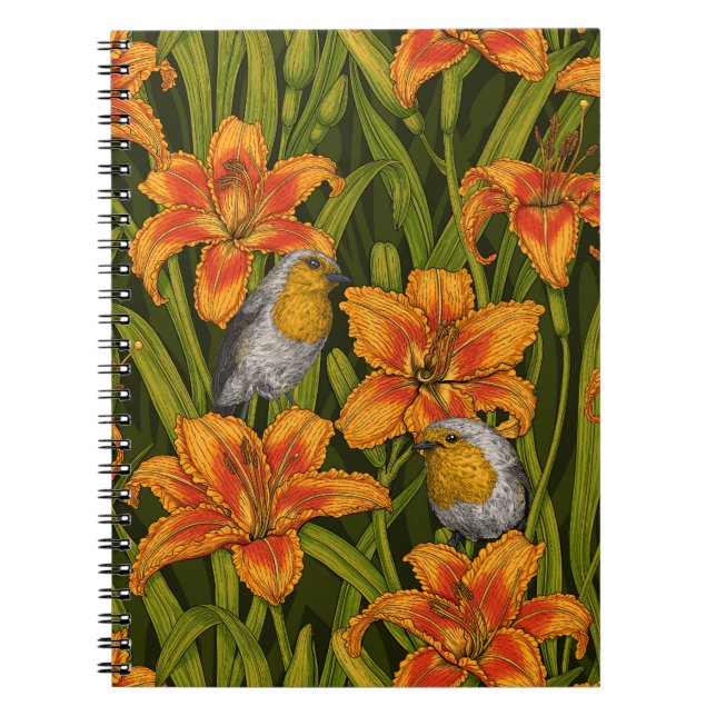 Cuaderno Robins y flores de lirio, naranja y verde oscuro (Frente)