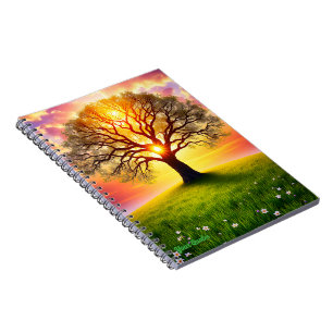 Cuaderno Roble Antiguo en Colina Verde al Atardecer
