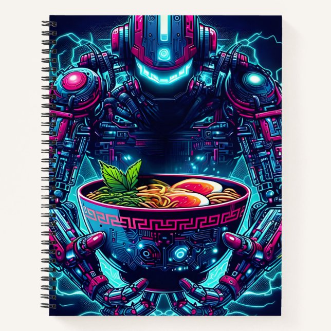 Cuaderno Robot Cyberpunk Futurista Comida Ramen Neon (Anverso)