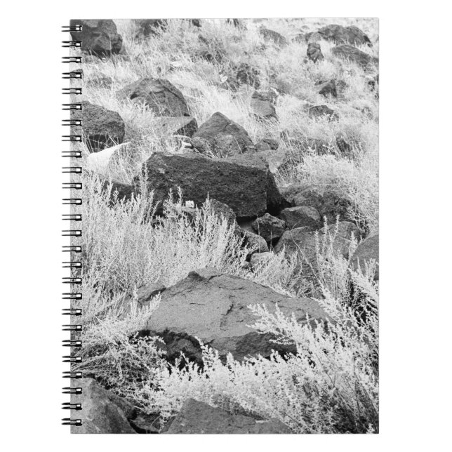 Cuaderno Rocas de lava basáltica en foto de desierto, negro (Frente)