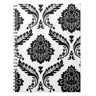 Cuaderno Rococo Damask Patrón Grande Desplazado Negro sobre