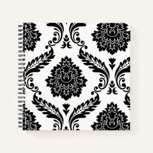 Cuaderno Rococo Damask Patrón Grande Desplazado Negro sobre