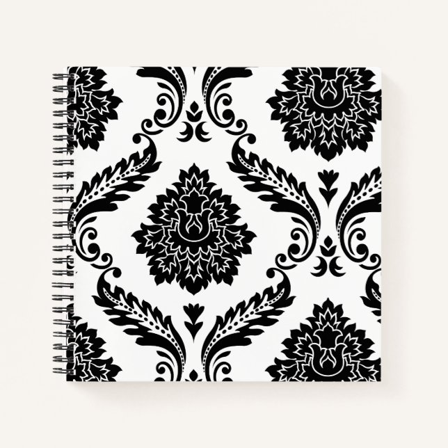 Cuaderno Rococo Damask Patrón Grande Desplazado Negro sobre (Anverso)