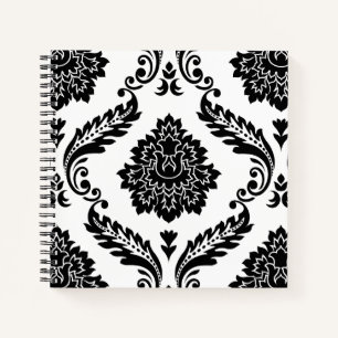 Cuaderno Rococo Damask Patrón Grande Negro sobre Blanco
