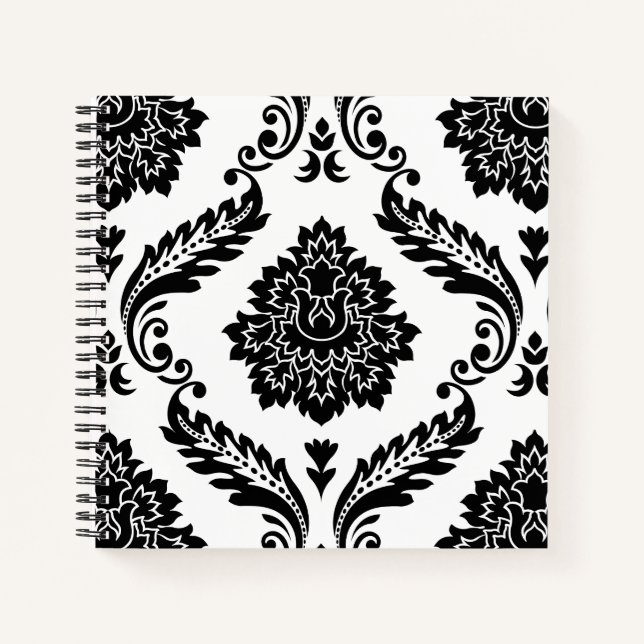 Cuaderno Rococo Damask Patrón Grande Negro sobre Blanco (Anverso)
