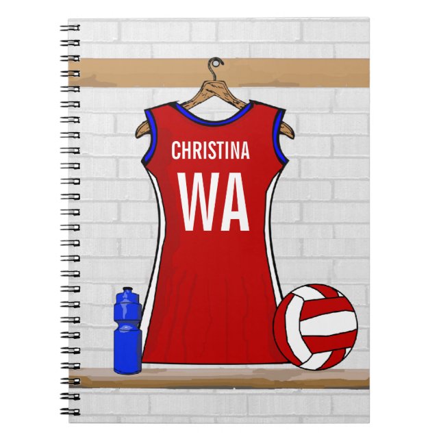 Cuaderno Rojo de encargo del uniforme del Netball con azul (Frente)