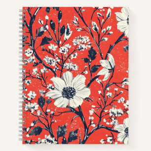 Cuaderno Rojo Floral de Invierno Índigo Folk Patrón de Niev