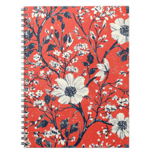 Cuaderno Rojo Índigo Folk Floral de Invierno Patrón de Niev