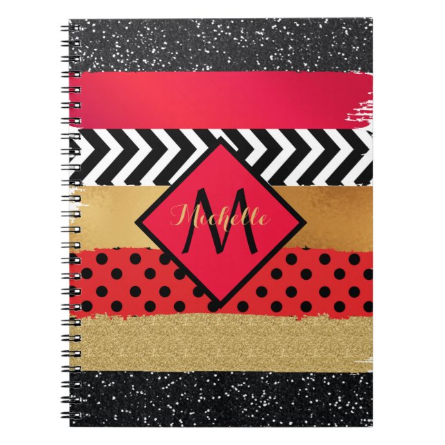 Cuaderno Rojo Purpurina de oro negro broche de broca monogr (Frente)