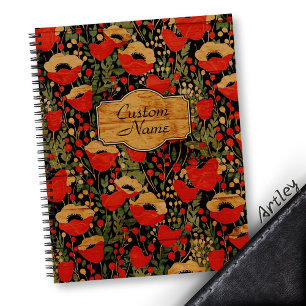 Cuaderno Rojo Rústico Grano de Madera Vintage Floral Amapol