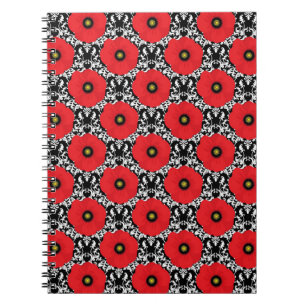 Cuaderno Rojo Shabby Chic, Patrón de Amapolas Negras y Blan