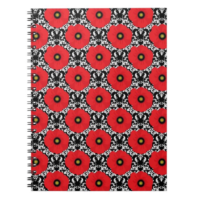 Cuaderno Rojo Shabby Chic, Patrón de Amapolas Negras y Blan (Frente)