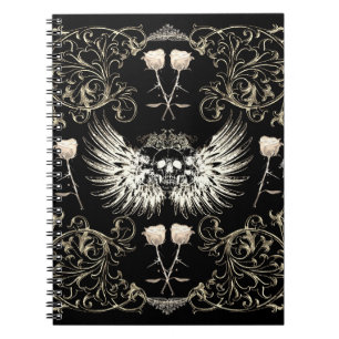 Cuaderno Romance Gótico Victoriano Cráneo Alas y Rosas Blan