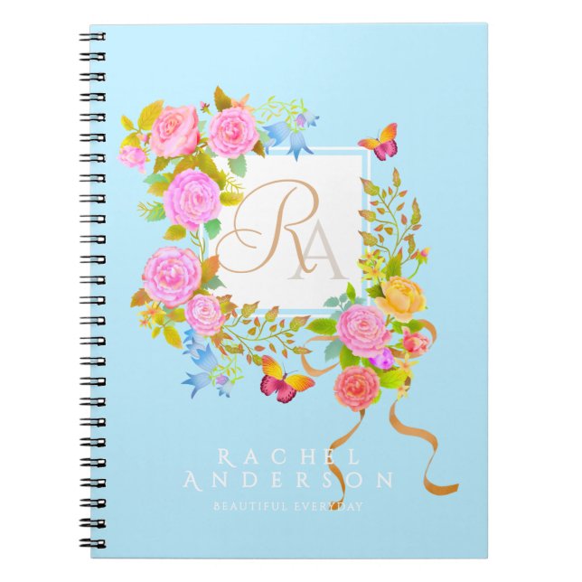 Cuaderno Romaníes florecientes Jardín Monograma Azul (Frente)