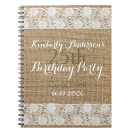 Cuaderno Romantic Lace burlap 25to Birthday Guest Book