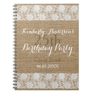 Cuaderno Romantic Lace burlap 25to Birthday Guest Book