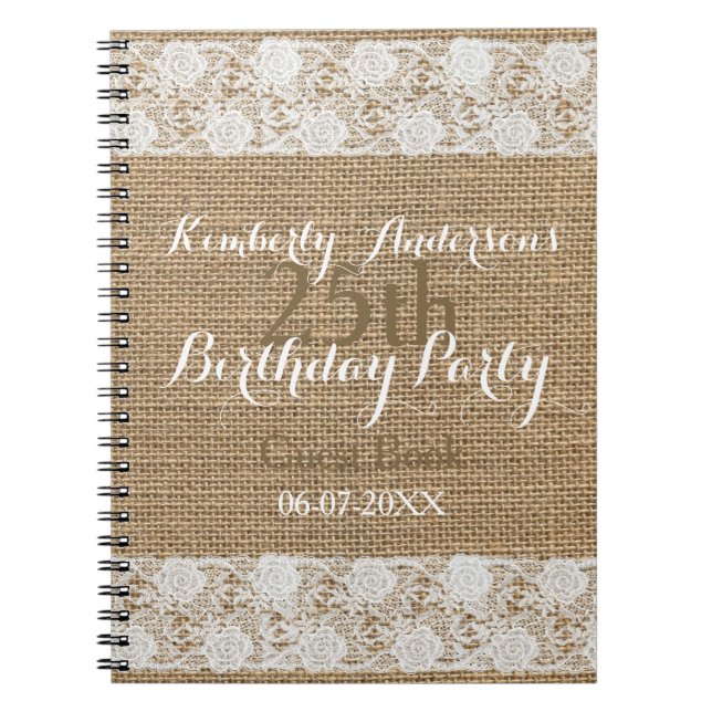 Cuaderno Romantic Lace burlap 25to Birthday Guest Book (Frente)