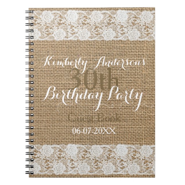 Cuaderno Romantic Lace burlap 30º Birthday Guest Book (Frente)