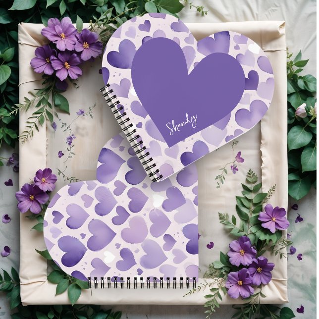Cuaderno Romantic Purple Shades Watercolor Effect Hearts  (Romantic Purple Shades Watercolor Effect Hearts Notebooks in Heart-Shape.)