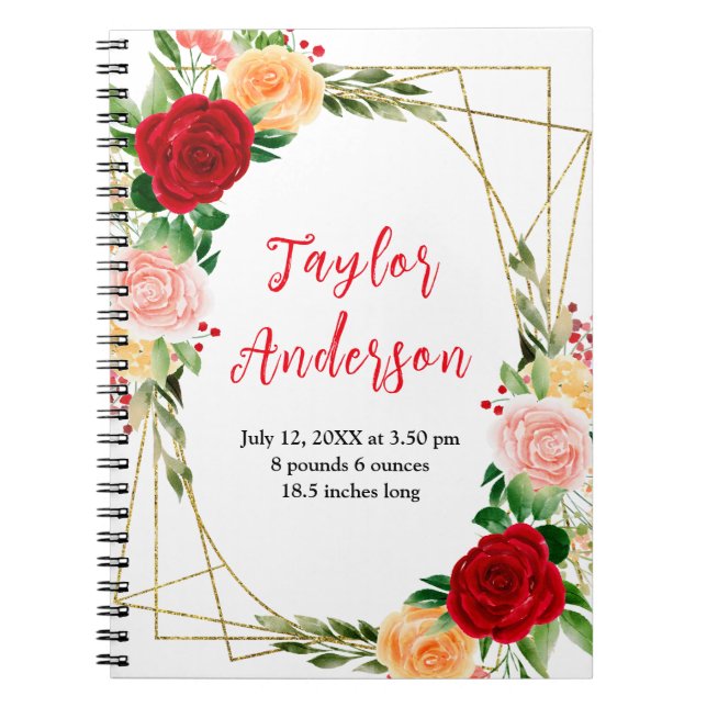Cuaderno Romantic Roses Floral Baby Birth Stats (Frente)
