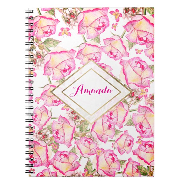 Cuaderno Romántico blanco rosa amarillo floral de verano ro (Frente)