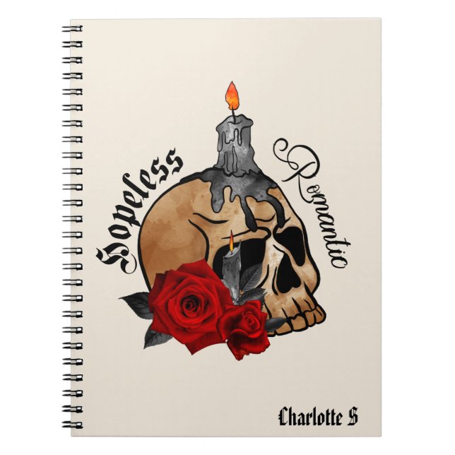 Cuaderno Romántico sin esperanza - Calavera gótica, rosa ro (Frente)