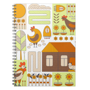 Cuaderno Rooster, gallinas, dibujo floral geométrico.