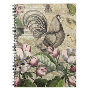 Cuaderno Rooster Garden Flower Butfly Art