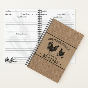 Cuaderno Rooster Hen Farmhouse Burlap Craft Receta