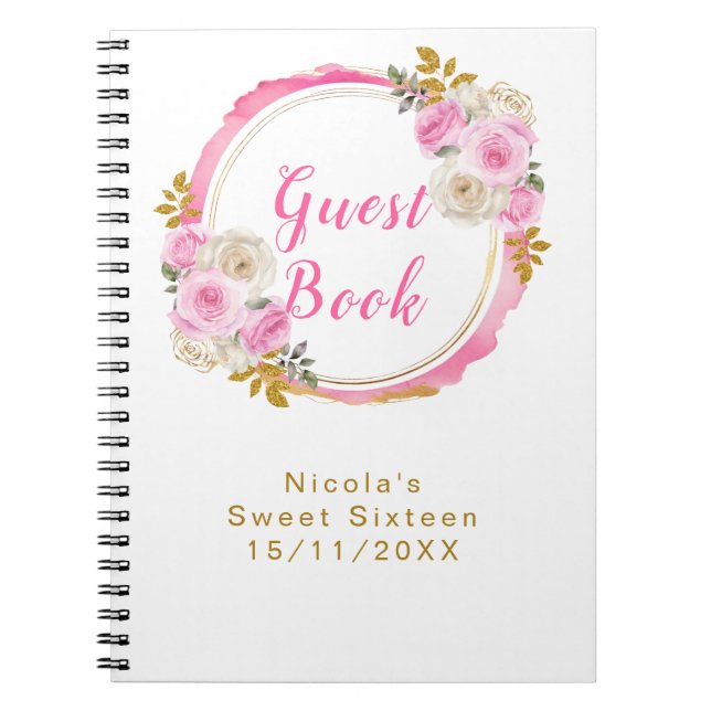 Cuaderno Rosa Brillante y Dorado Elegante Flores Dulces Die (Frente)