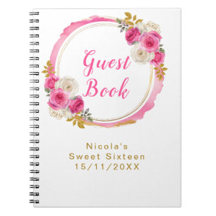 Cuaderno Rosa Caliente y Flores Elegantes de Oro Cumpleaños