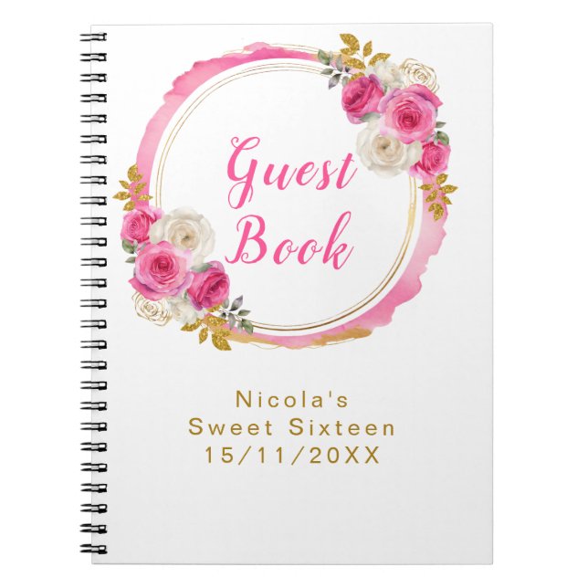 Cuaderno Rosa Caliente y Flores Elegantes de Oro Cumpleaños (Frente)