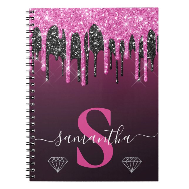 Cuaderno Rosa Caliente y Monograma de Brillo que Gotea Negr (Frente)