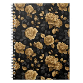 Cuaderno Rosa con acento de oro elegante patrón floral negr