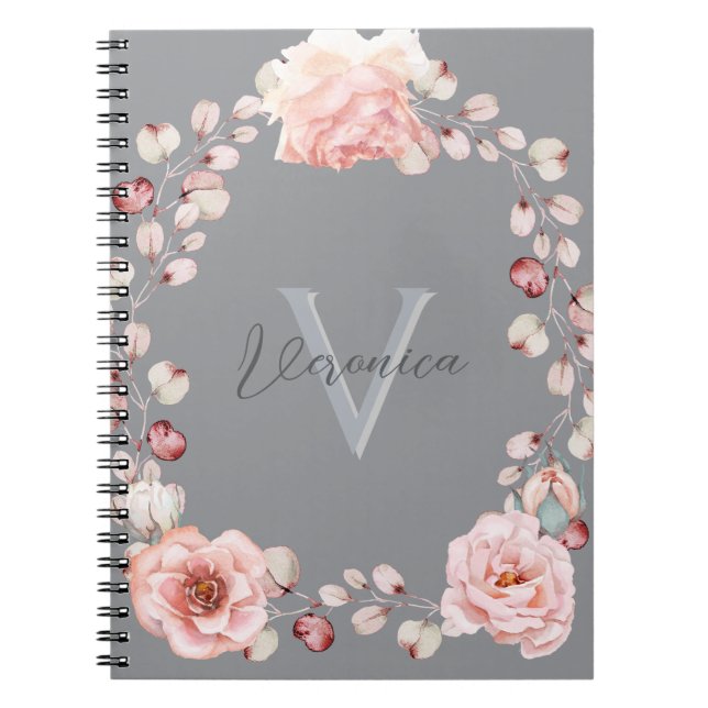 Cuaderno Rosa de color de agua personalizado | Gris (Frente)