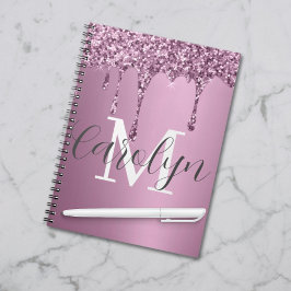 Cuaderno Rosa de goteo de purpurina Rubor Monograma rosa Gi
