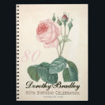 Cuaderno Rosa de la Vintage 80th Birthday Celebration Guest<br><div class="desc">Libro de invitados de la celebración del cumpleaños del personalizable con acuarelas botánicas vintage de Pierre-Joseph Redouté. Puede cambiar fácilmente el color del texto, el tipo de letra, el tamaño y la posición haciendo clic en el botón personalizar. "Pierre-Joseph Redouté (10 de julio de 1759 en Saint-Hubert (Bélgica) - 19...</div>