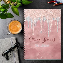 Cuaderno rosa de moda batido plata goteo monogramo notebo
