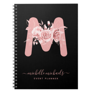 Cuaderno Rosa de moda Oro Negro Floral acuarela Monograma