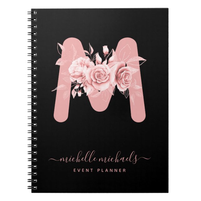 Cuaderno Rosa de moda Oro Negro Floral acuarela Monograma (Frente)