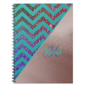 Cuaderno Rosa de moda Oro Purpurinoso Chevron Nombre verde