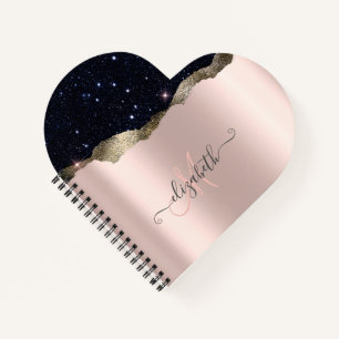 Cuaderno Rosa de oro con monograma de brillo negro moderno