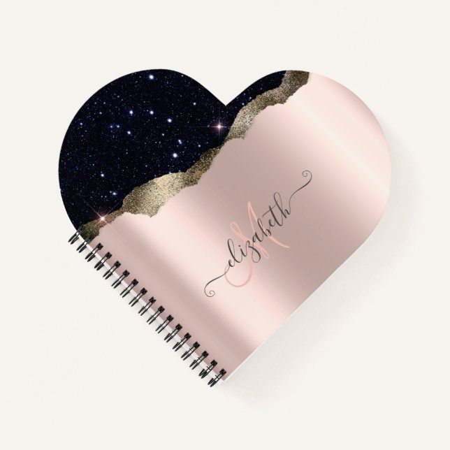 Cuaderno Rosa de oro con monograma de brillo negro moderno  (Anverso)