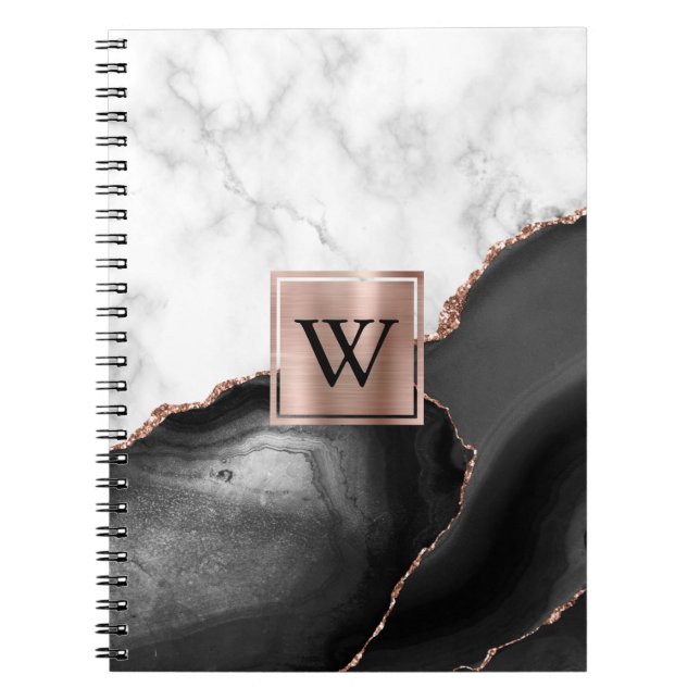Cuaderno Rosa de Oro Negro Mármol Blanco Agata Monograma (Frente)