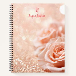 Cuaderno Rosa de oro Purpurina Monograma fondo y Rosa